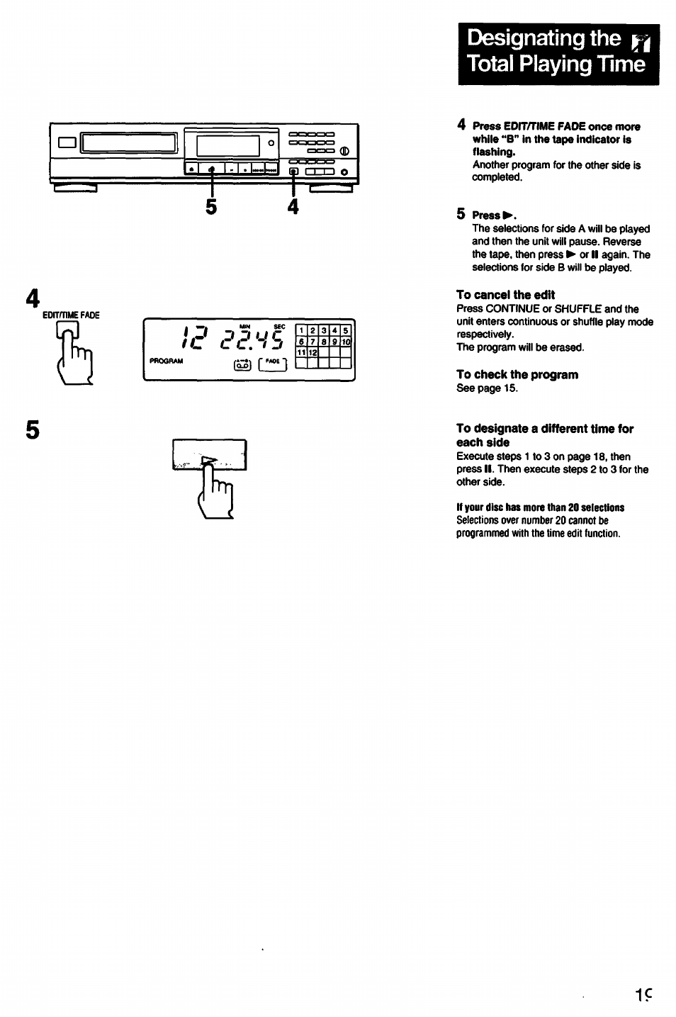 Designating the total playing time, 5 preset, To cancel the edit | To check the program, To designate a different time for each side, J d zi u c fl l c. t d | Sony CDP-211 User Manual | Page 19 / 23