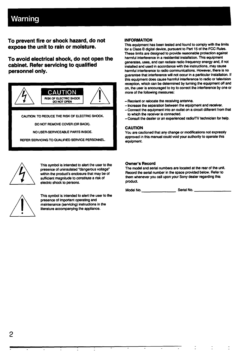 Warning, Information, Caution | Owner’s record | Sony CDP-211 User Manual | Page 2 / 23