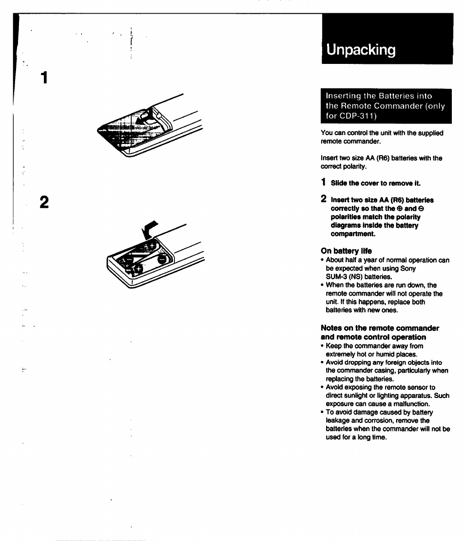 Unpacking, On battery life, Notes on the remote commander | And remote control operation | Sony CDP-211 User Manual | Page 5 / 23