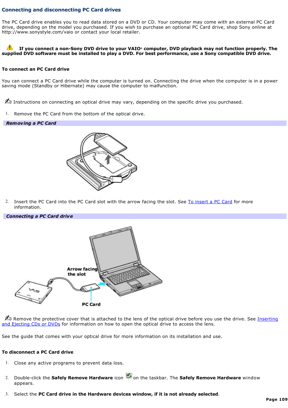 Connecting and disconnecting pc card drives | Sony PCG-GRX670 User Manual | Page 109 / 194