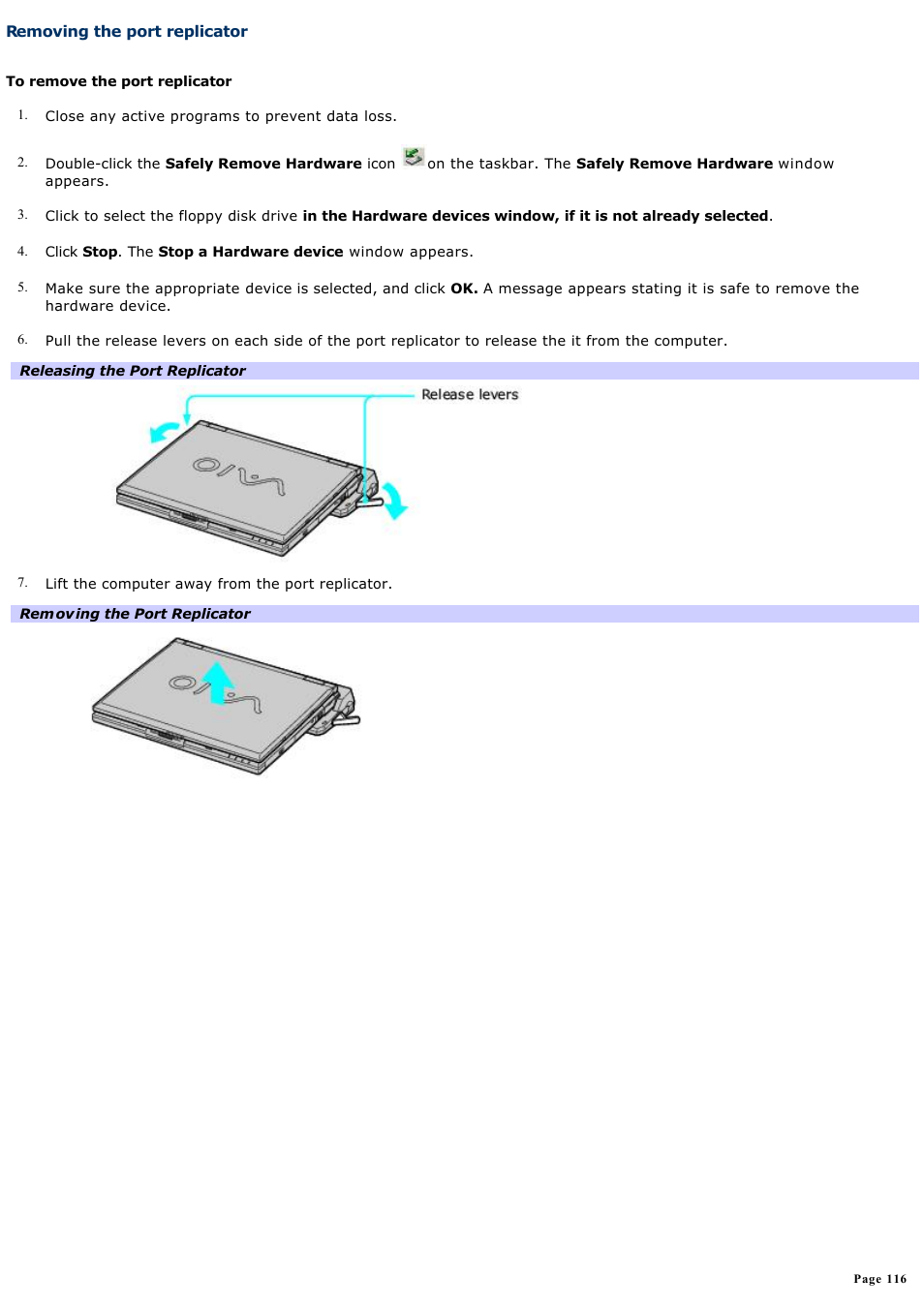 Removing the port replicator | Sony PCG-GRX670 User Manual | Page 116 / 194