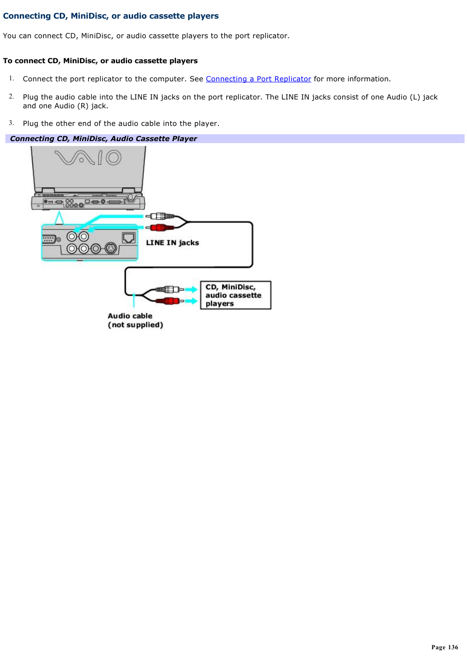 Connecting cd, minidisc, or audio cassette players | Sony PCG-GRX670 User Manual | Page 136 / 194