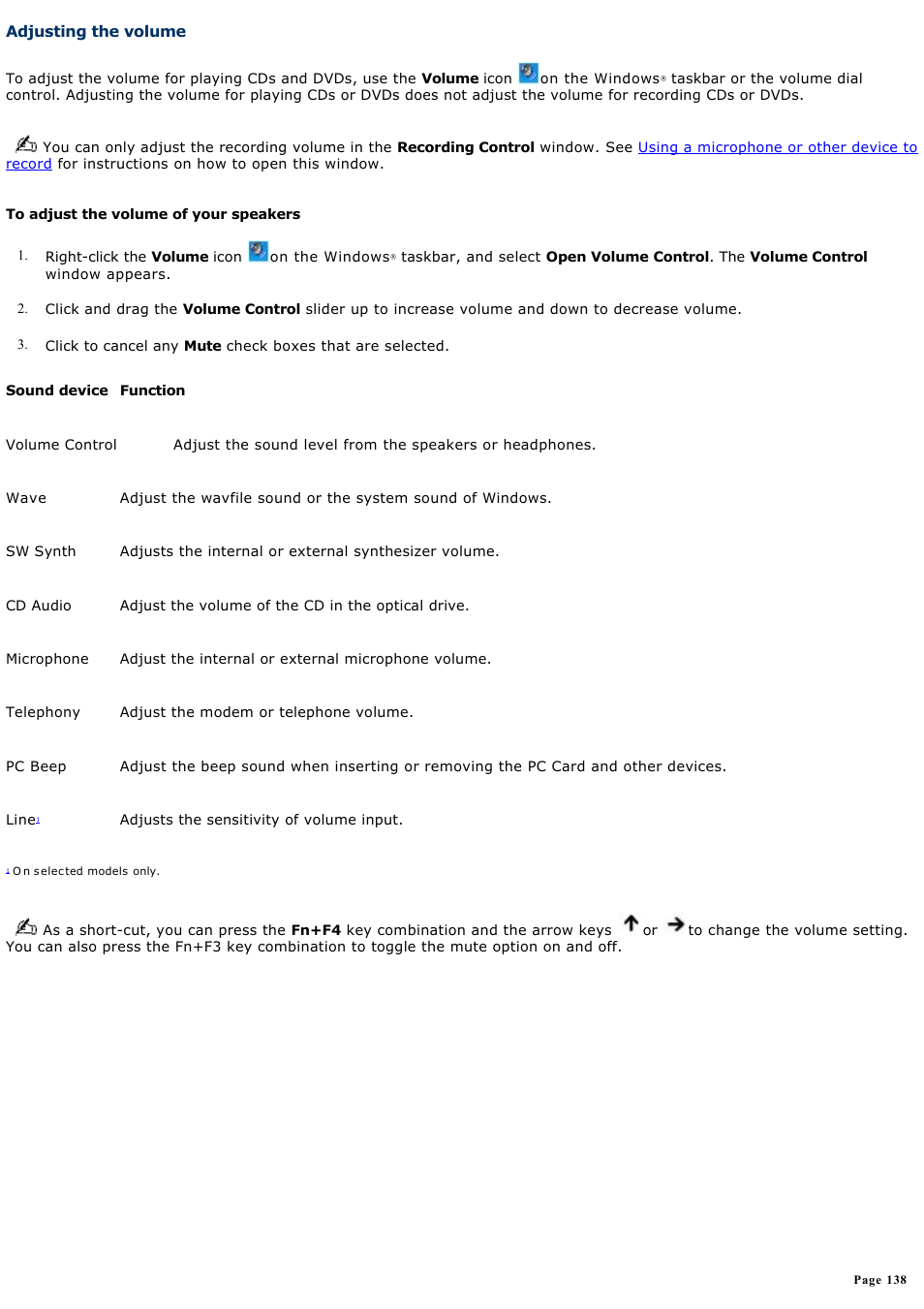 Adjusting the volume | Sony PCG-GRX670 User Manual | Page 138 / 194