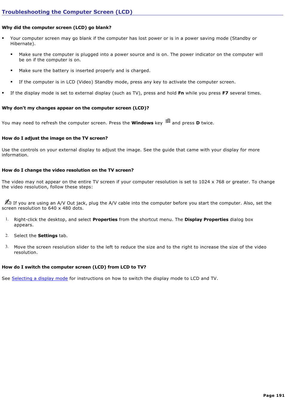 Troubleshooting the computer screen (lcd) | Sony PCG-GRX670 User Manual | Page 191 / 194