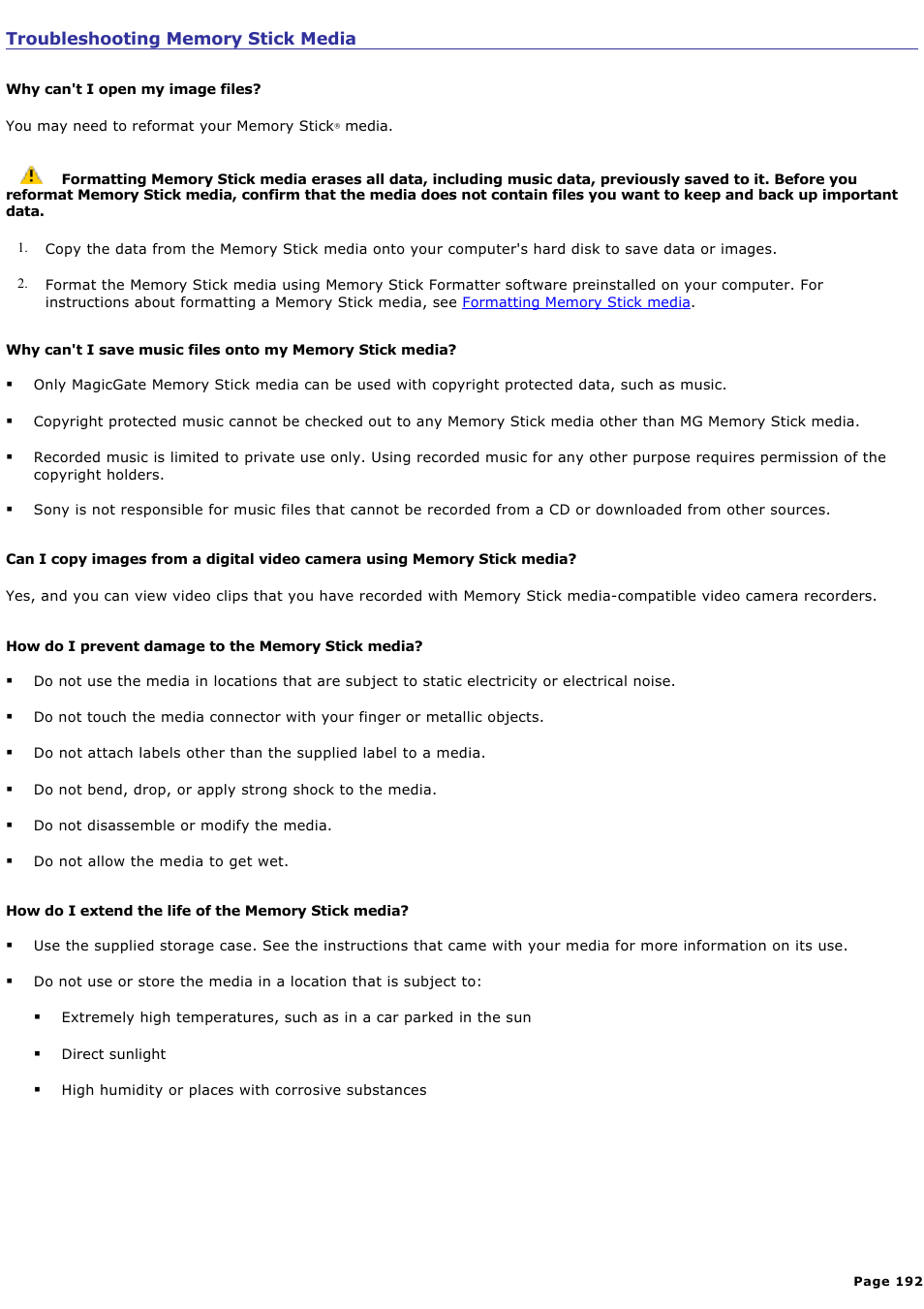 Troubleshooting memory stick media | Sony PCG-GRX670 User Manual | Page 192 / 194