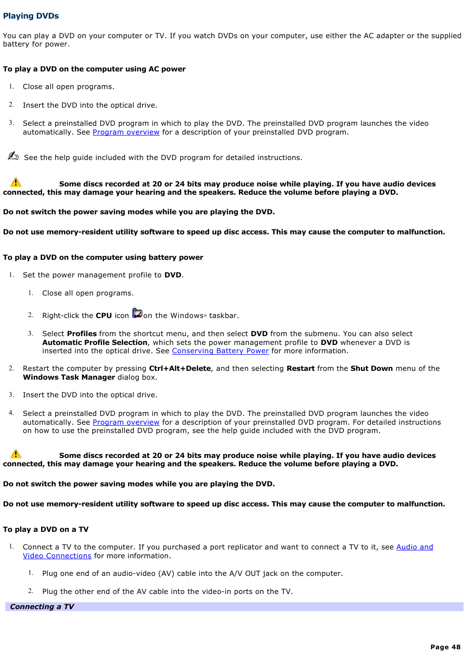 Playing dvds | Sony PCG-GRX670 User Manual | Page 48 / 194