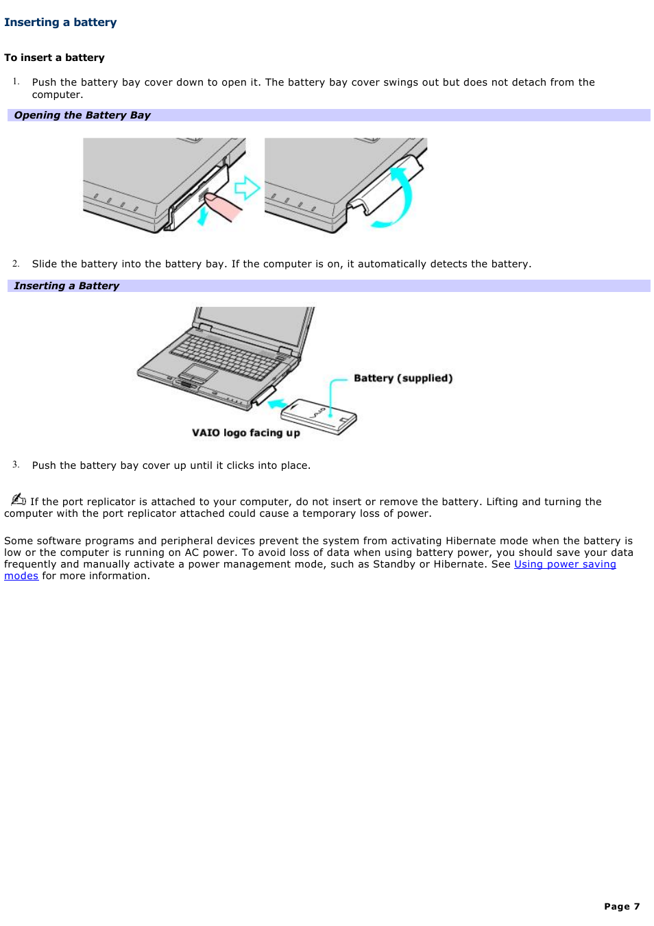 Inserting a battery | Sony PCG-GRX670 User Manual | Page 7 / 194