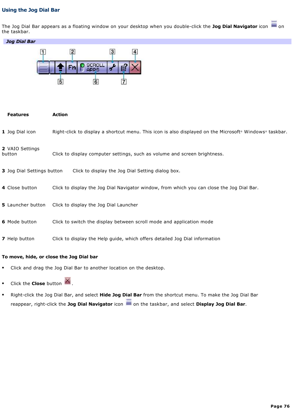 Using the jog dial bar | Sony PCG-GRX670 User Manual | Page 76 / 194