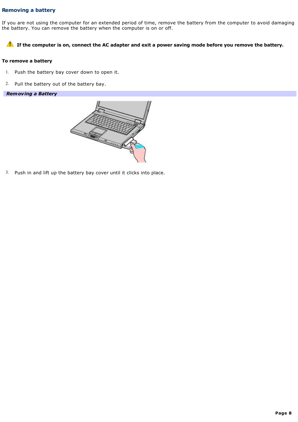 Removing a battery | Sony PCG-GRX670 User Manual | Page 8 / 194