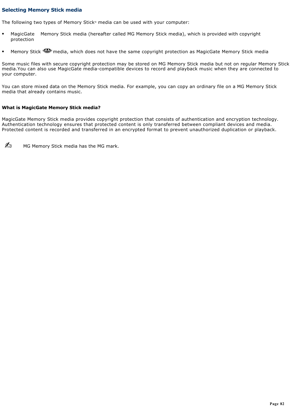 Selecting memory stick media | Sony PCG-GRX670 User Manual | Page 82 / 194