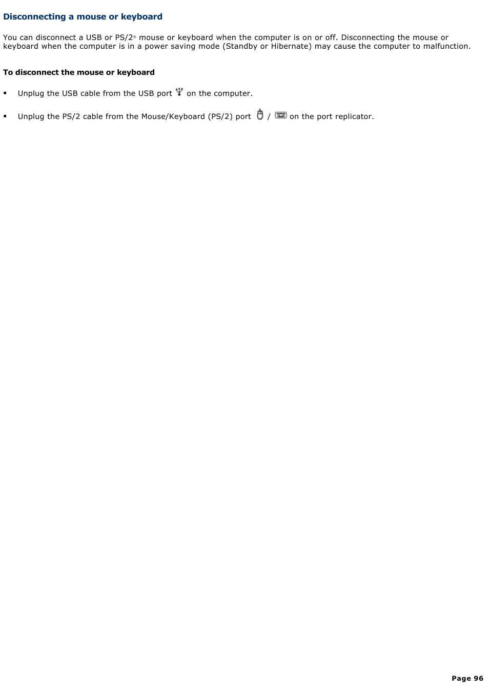 Disconnecting a mouse or keyboard | Sony PCG-GRX670 User Manual | Page 96 / 194