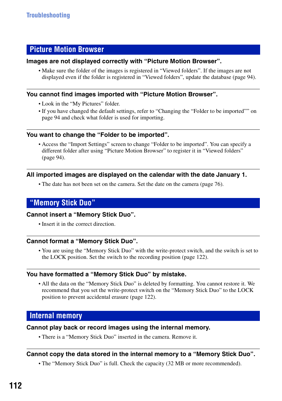 Picture motion browser, Memory stick duo, Internal memory | Sony DSC-N2 User Manual | Page 112 / 132