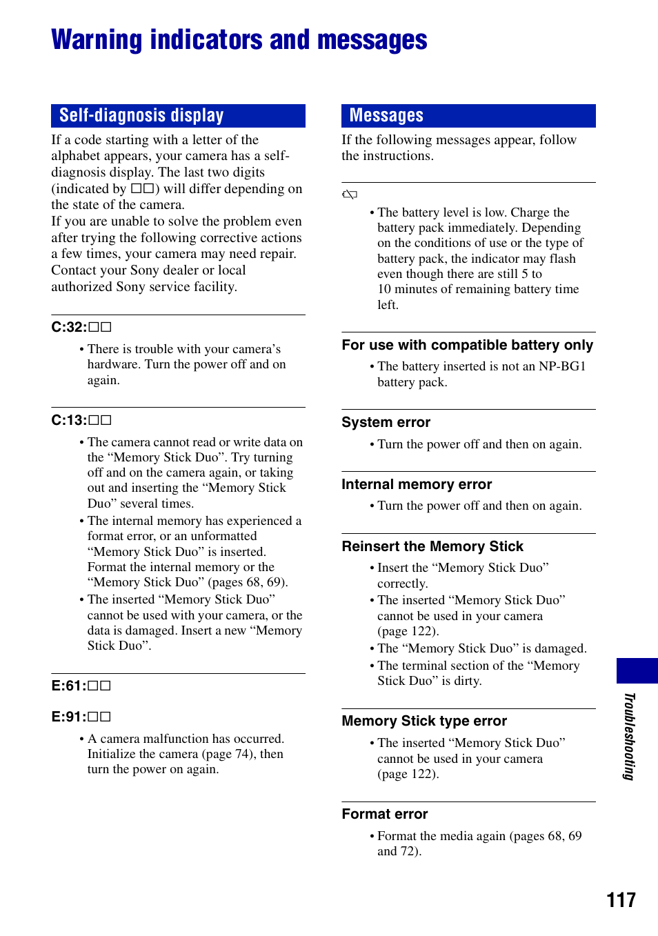 Warning indicators and messages, Ng (117), Self-diagnosis display messages | Sony DSC-N2 User Manual | Page 117 / 132