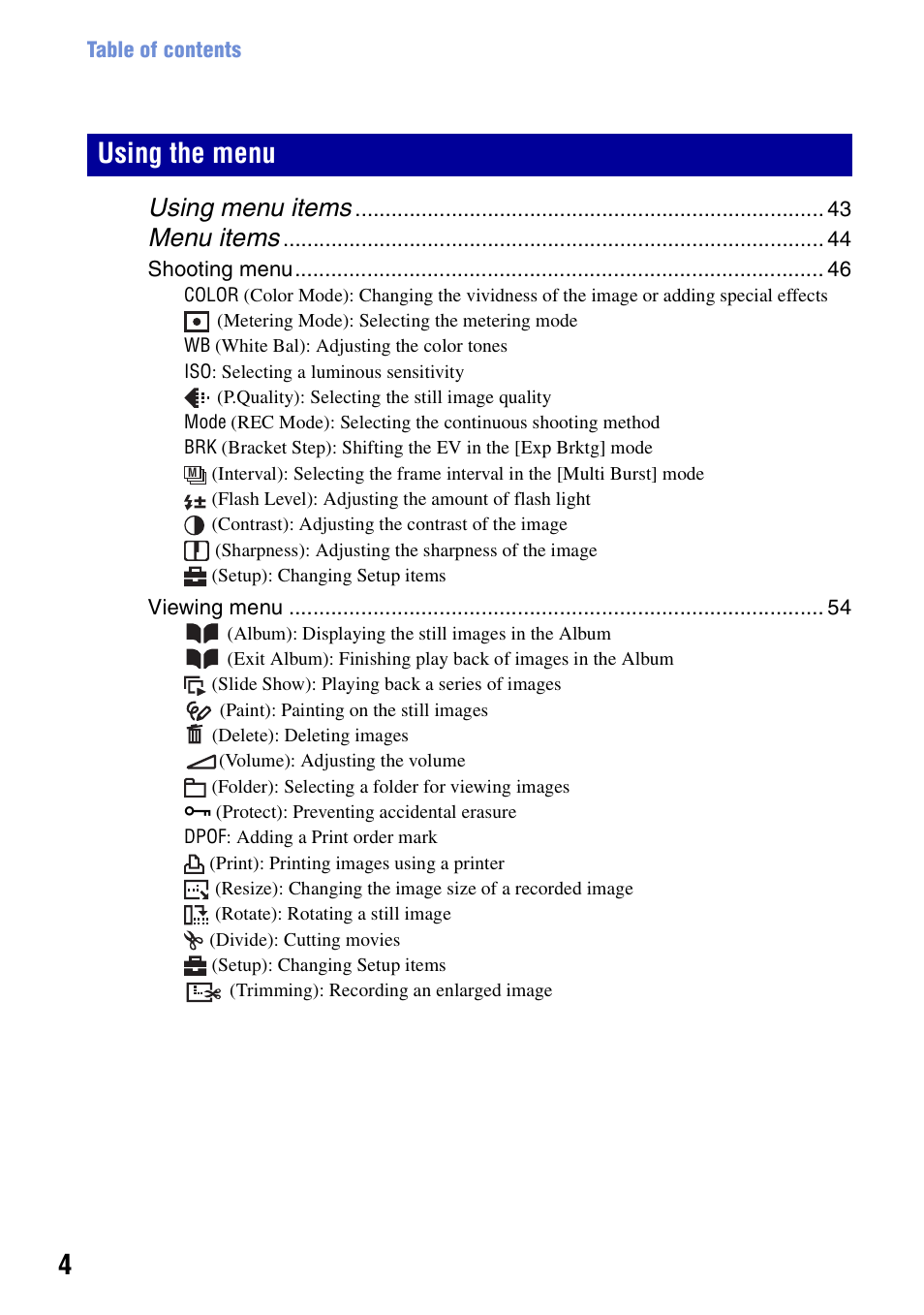 Using the menu, Using menu items, Menu items | Sony DSC-N2 User Manual | Page 4 / 132