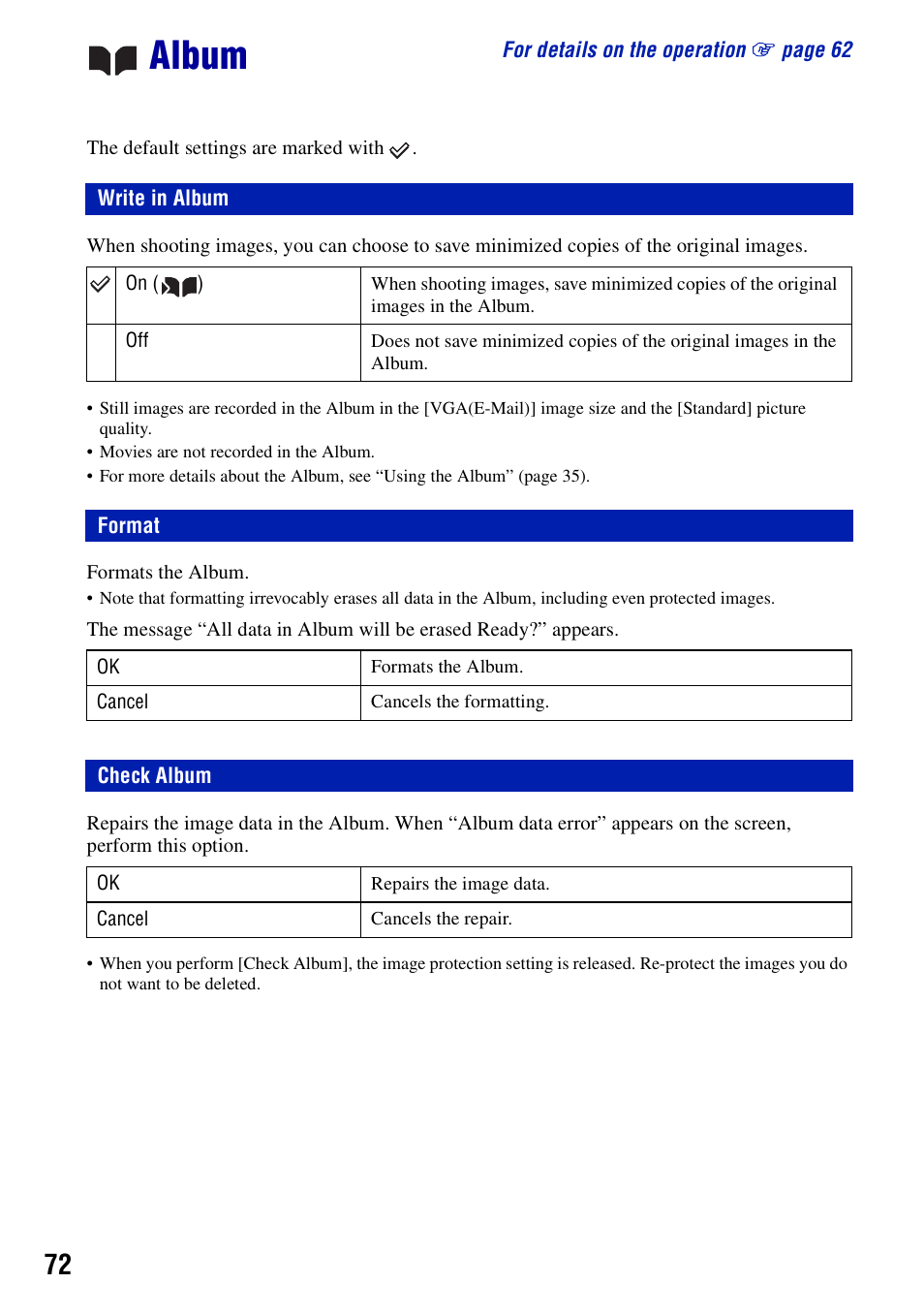 Album, Write in album, Format | Check album, Write in album format, M (72) | Sony DSC-N2 User Manual | Page 72 / 132