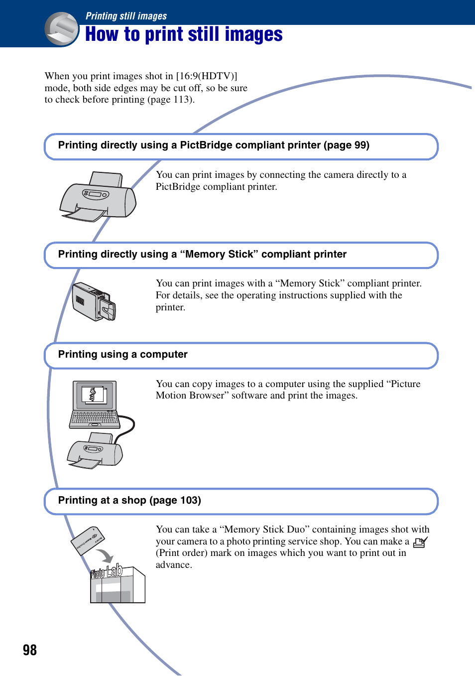 Printing still images, How to print still images | Sony DSC-N2 User Manual | Page 98 / 132