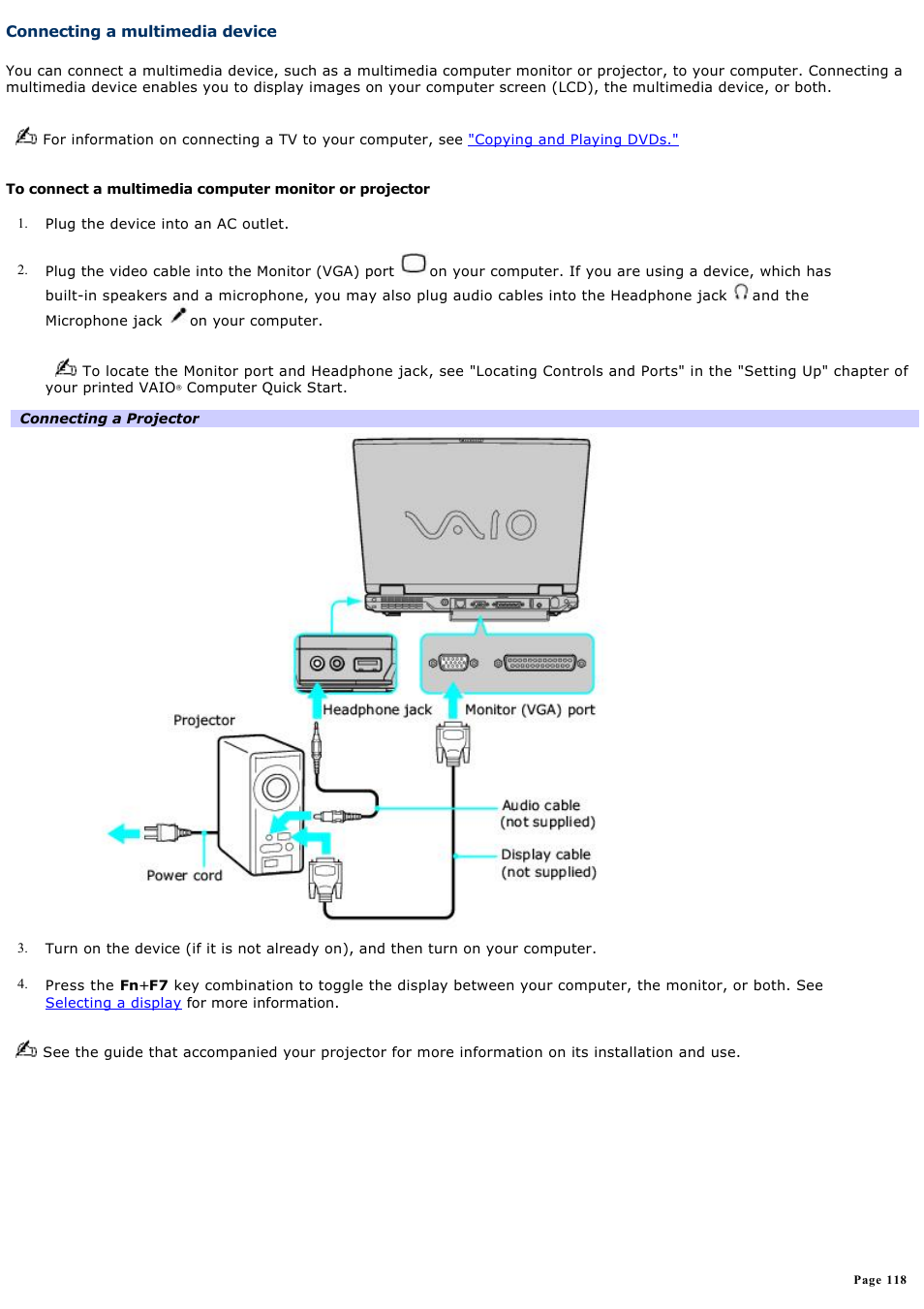 Connecting a multimedia device | Sony PCG-GRX700P User Manual | Page 118 / 170