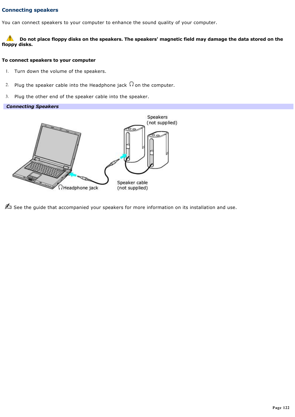 Connecting speakers | Sony PCG-GRX700P User Manual | Page 122 / 170