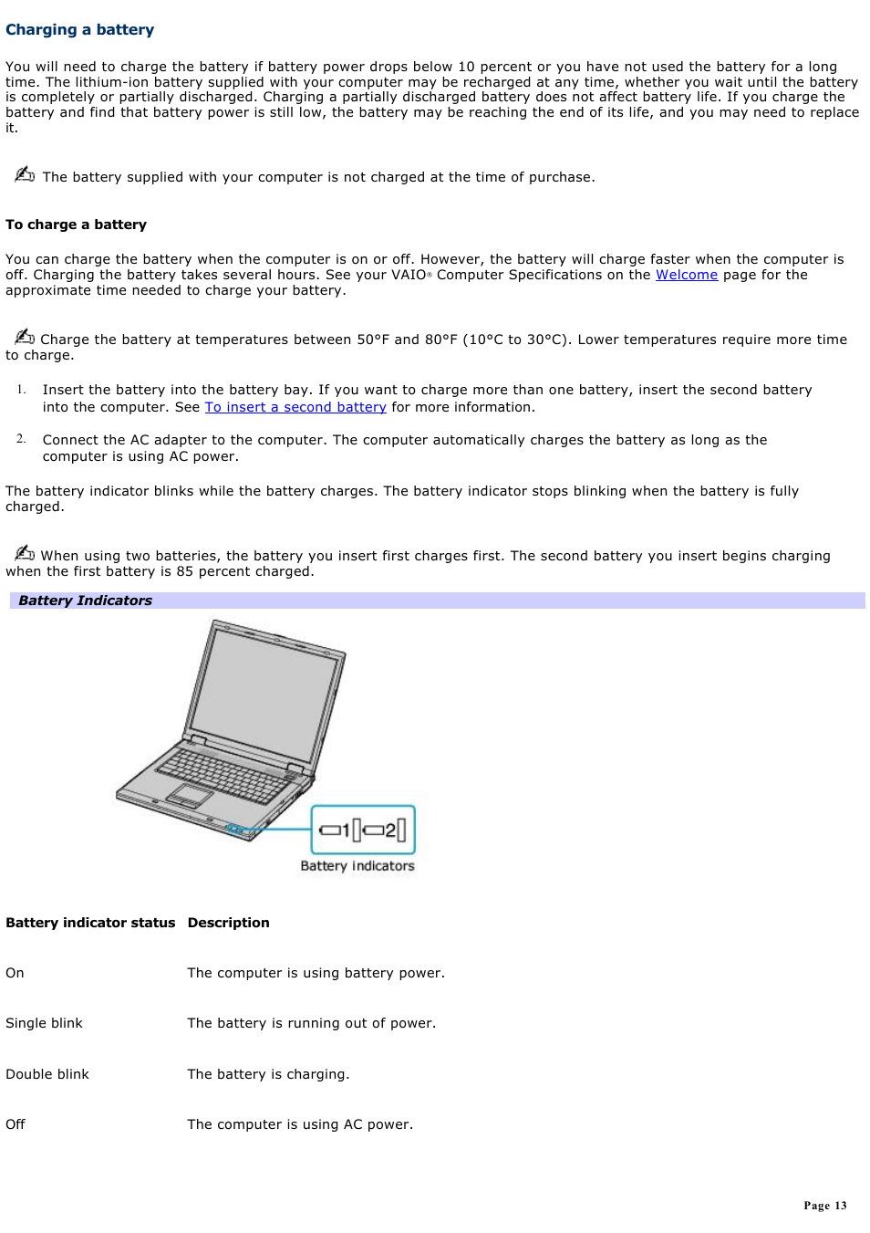 Charging a battery | Sony PCG-GRX700P User Manual | Page 13 / 170