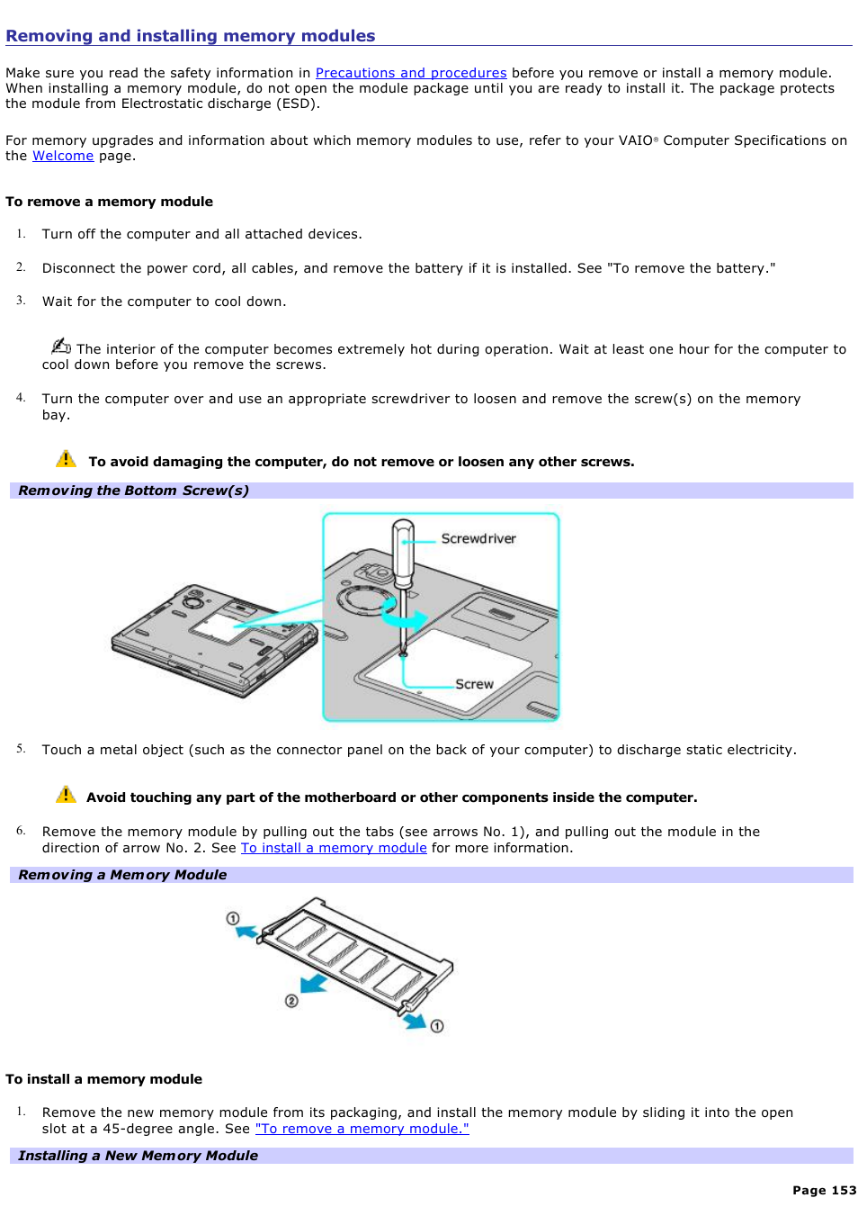 Removing and installing memory modules | Sony PCG-GRX700P User Manual | Page 153 / 170