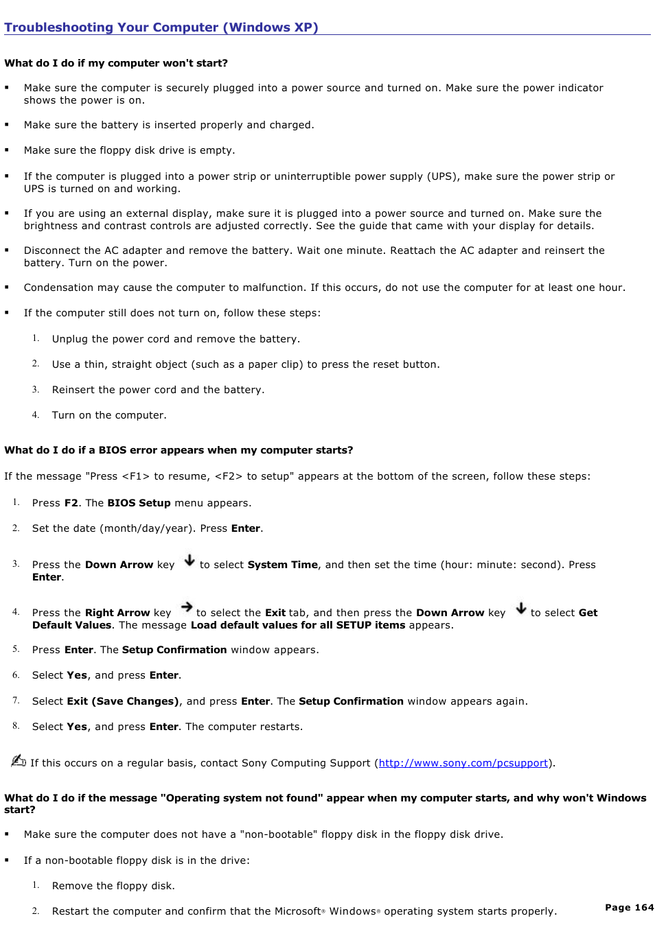 Troubleshooting your computer (windows xp) | Sony PCG-GRX700P User Manual | Page 164 / 170