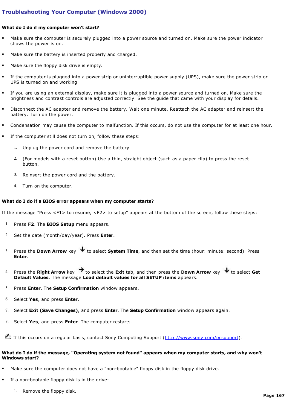 Troubleshooting your computer (windows 2000) | Sony PCG-GRX700P User Manual | Page 167 / 170