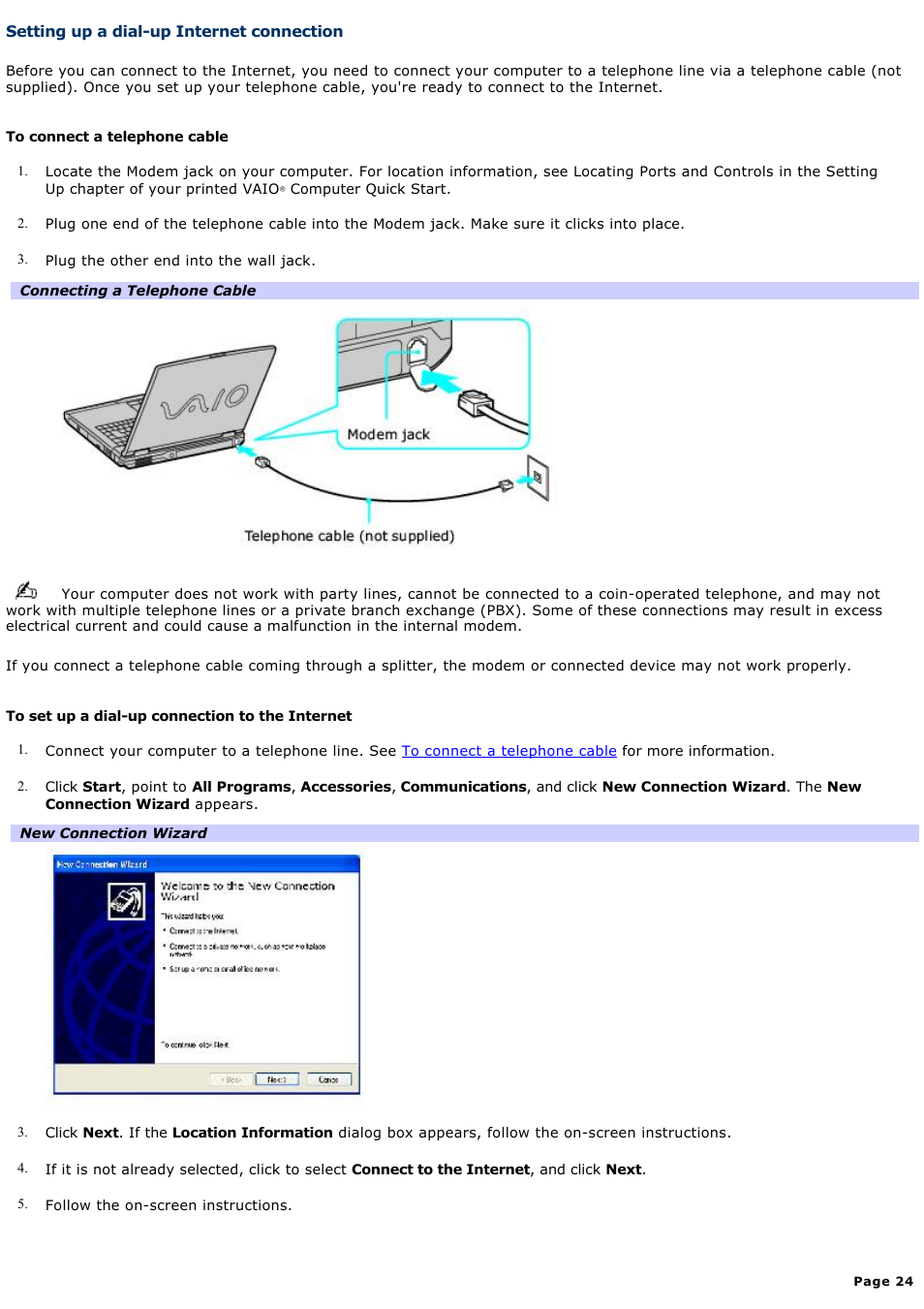 Setting up a dial-up internet connection | Sony PCG-GRX700P User Manual | Page 24 / 170