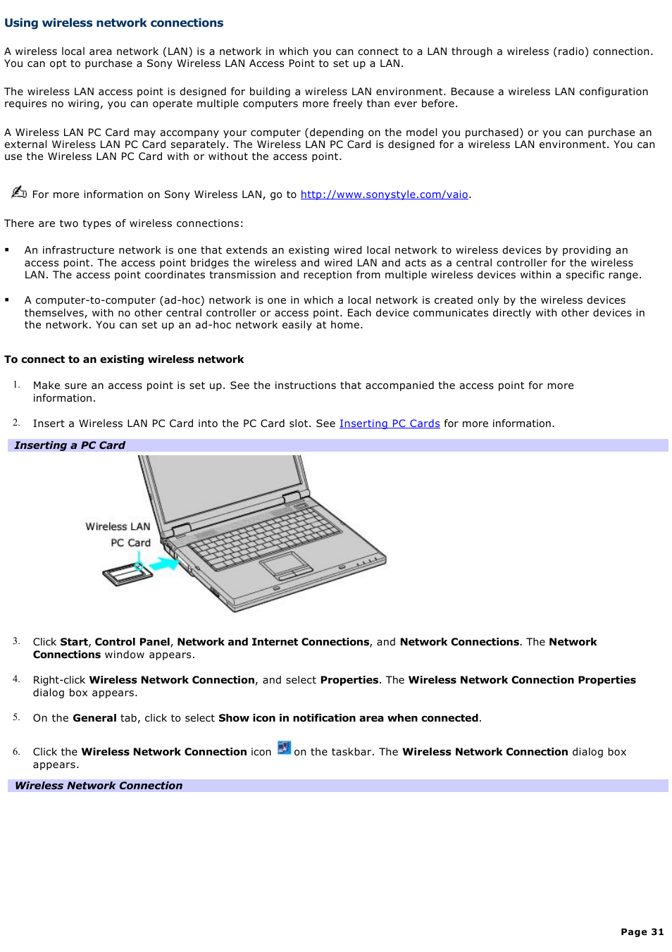 Using wireless network connections | Sony PCG-GRX700P User Manual | Page 31 / 170