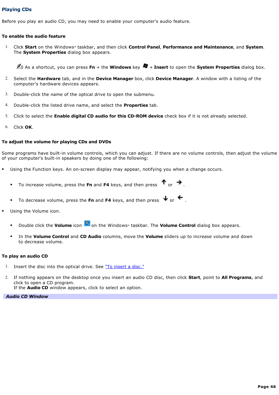 Playing cds | Sony PCG-GRX700P User Manual | Page 46 / 170