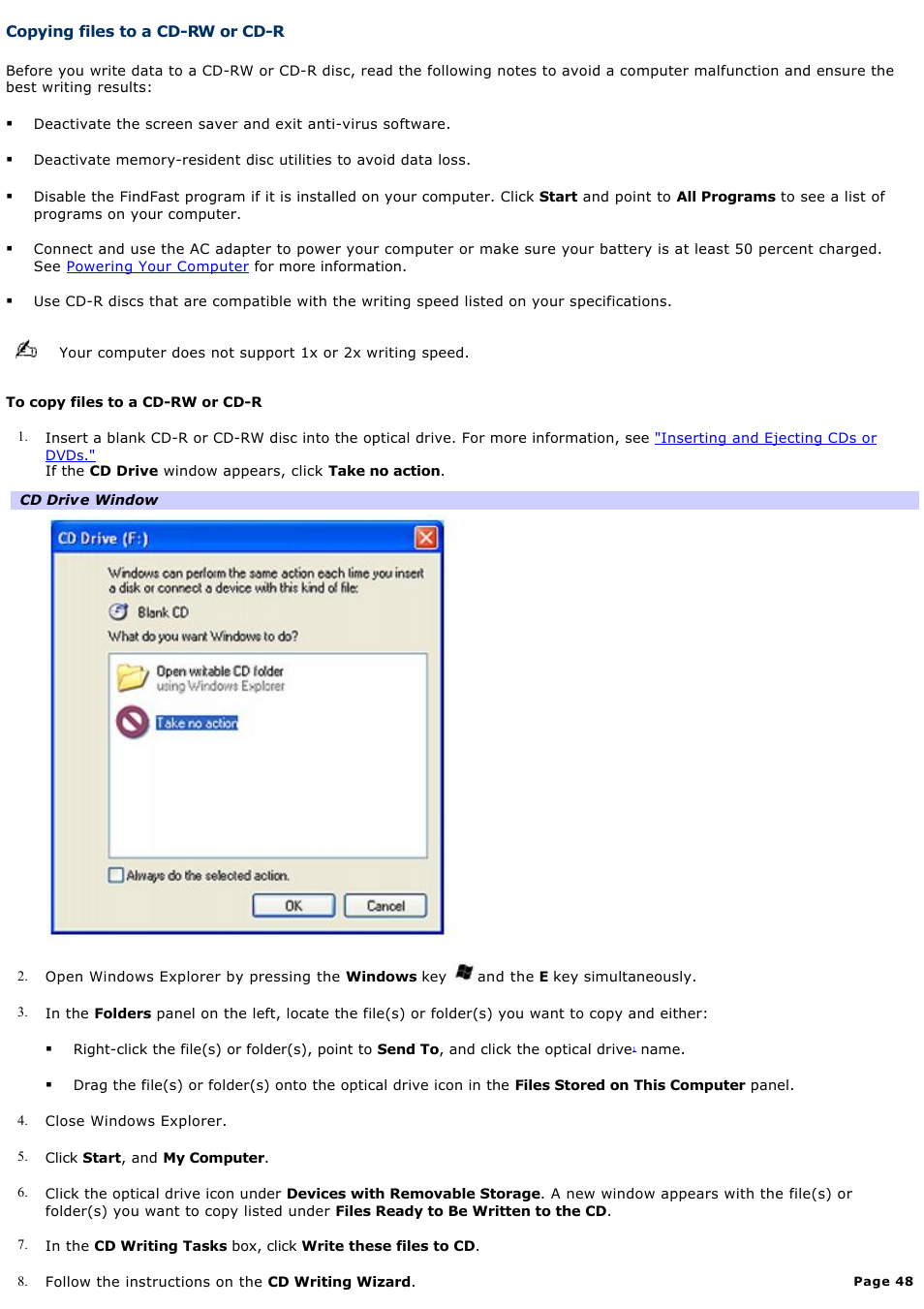 Copying files to a cd-rw or cd-r | Sony PCG-GRX700P User Manual | Page 48 / 170