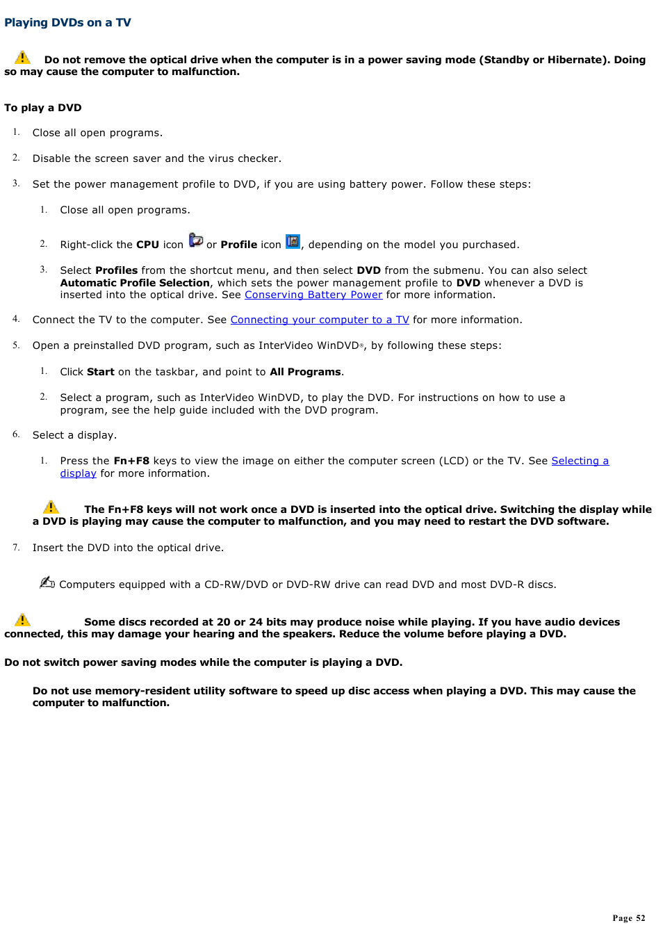 Playing dvds on a tv | Sony PCG-GRX700P User Manual | Page 52 / 170