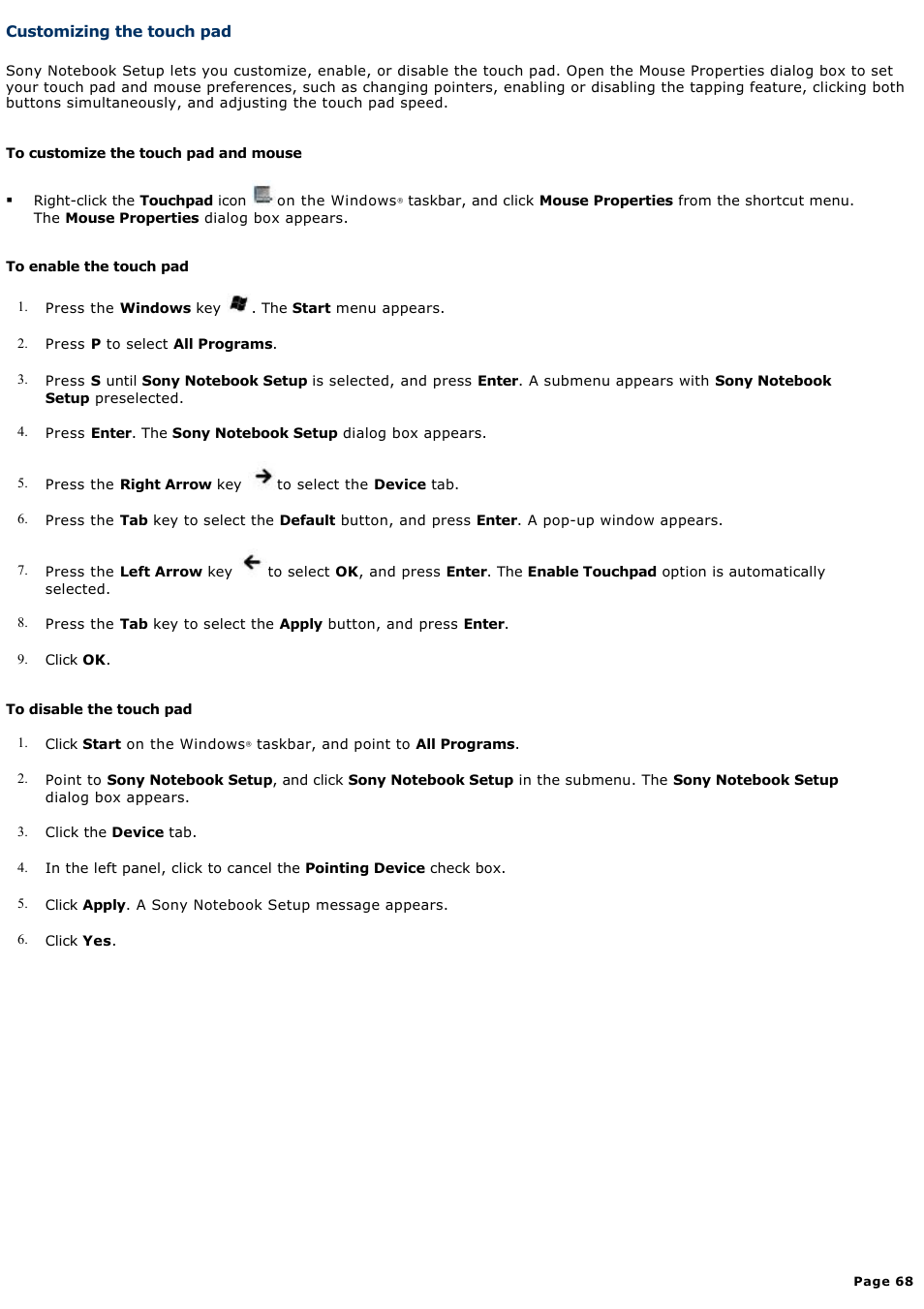 Customizing the touch pad | Sony PCG-GRX700P User Manual | Page 68 / 170