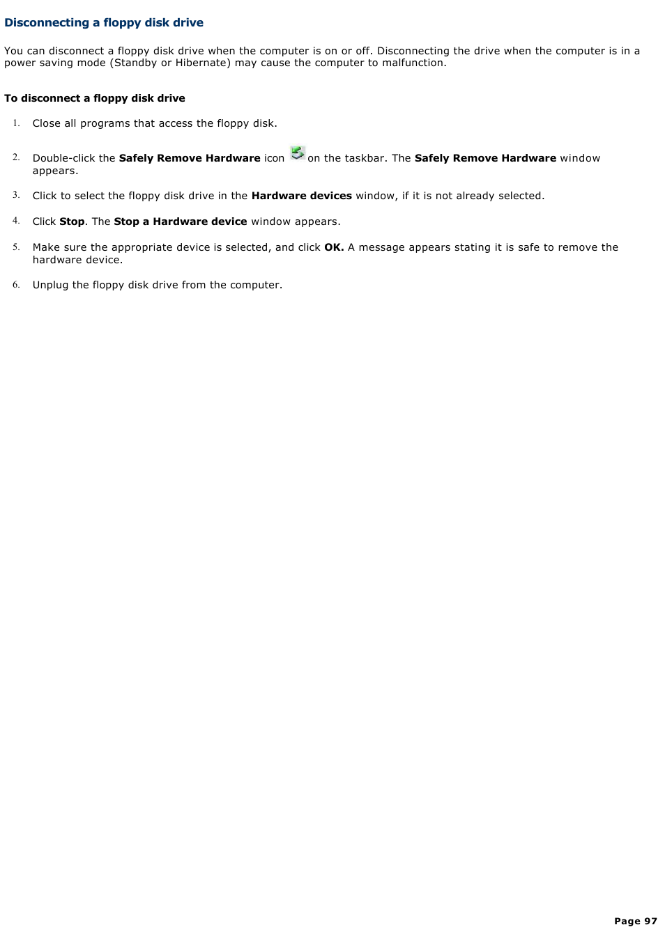 Disconnecting a floppy disk drive | Sony PCG-GRX700P User Manual | Page 97 / 170