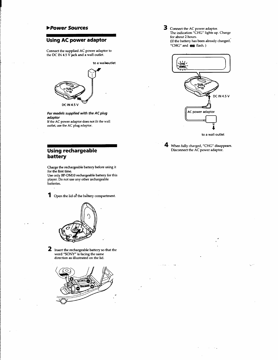 Using ac power adaptor, Using rechargeable battery, Using rechargeable battery 4 | Power sources | Sony D-ES52CK User Manual | Page 11 / 15
