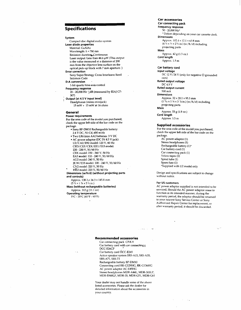 Specifications, General, Car accessories | Supplied accessories, Recommended accessories | Sony D-ES52CK User Manual | Page 15 / 15