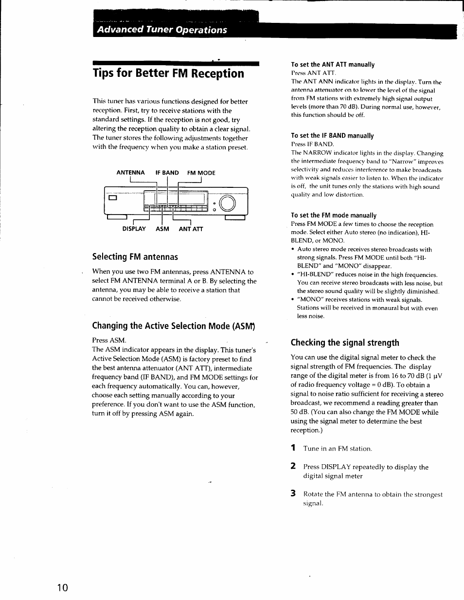 Tips for better fm reception, Selecting fm antennas, Changing the active selection mode (asm) | To set the ant att manually, To set the if band manually, To set the fm mode manually, Checking the signal strength, Advanced tuner operations | Sony ST-SA50ES User Manual | Page 10 / 13