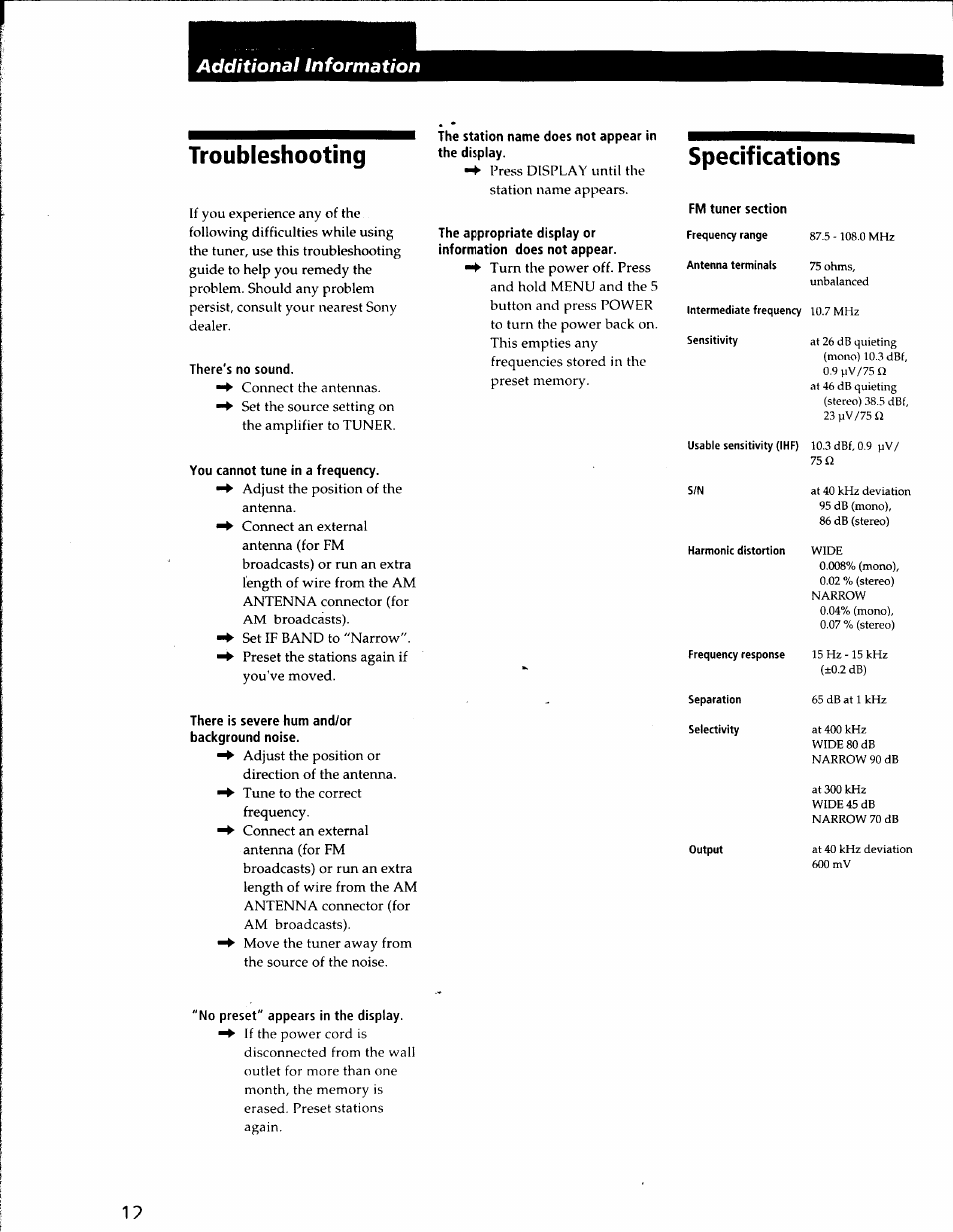 Troubleshooting, There's no sound, You cannot tune in a frequency | There is severe hum and/or background noise, No preset