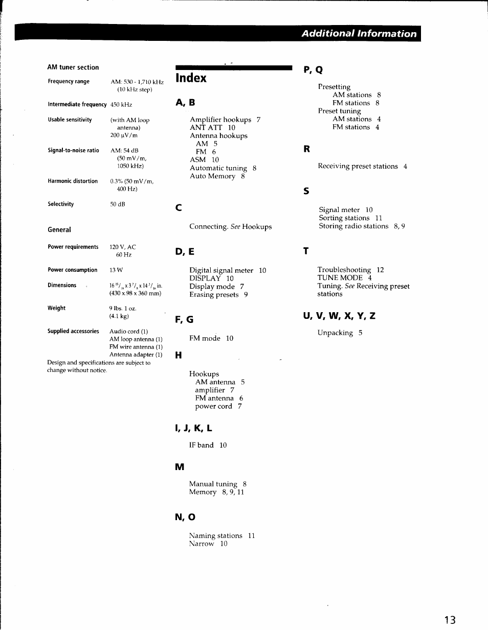 I, j, k, l, N, o, Index | P, q, A, b, D. e t, F, g u, v, w, x, y, z | Sony ST-SA50ES User Manual | Page 13 / 13