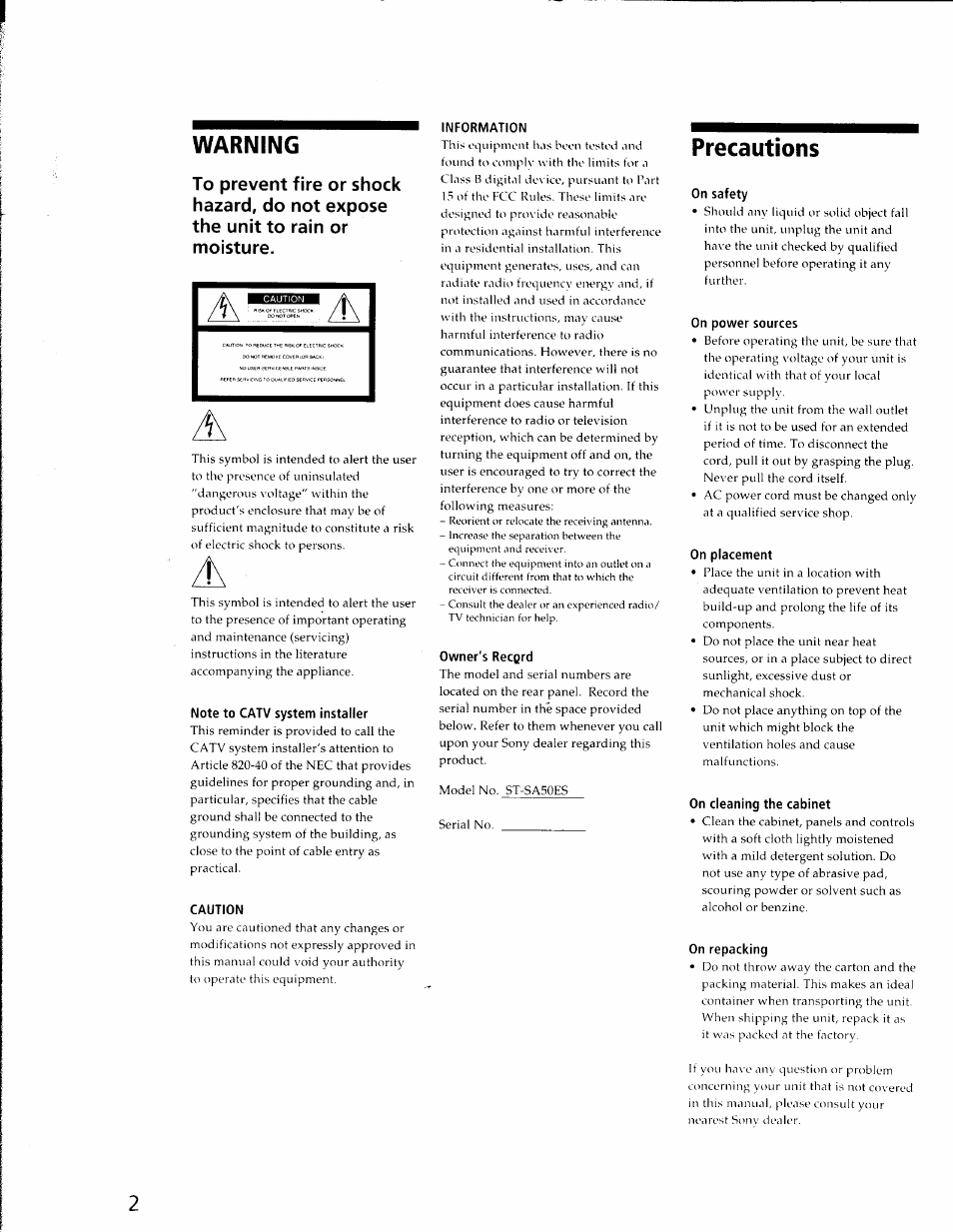 Warning, Note to catv system installer, Caution | Information, Owner's recgrd, Precautions, On safety, On power sources, On placement, On cleaning the cabinet | Sony ST-SA50ES User Manual | Page 2 / 13