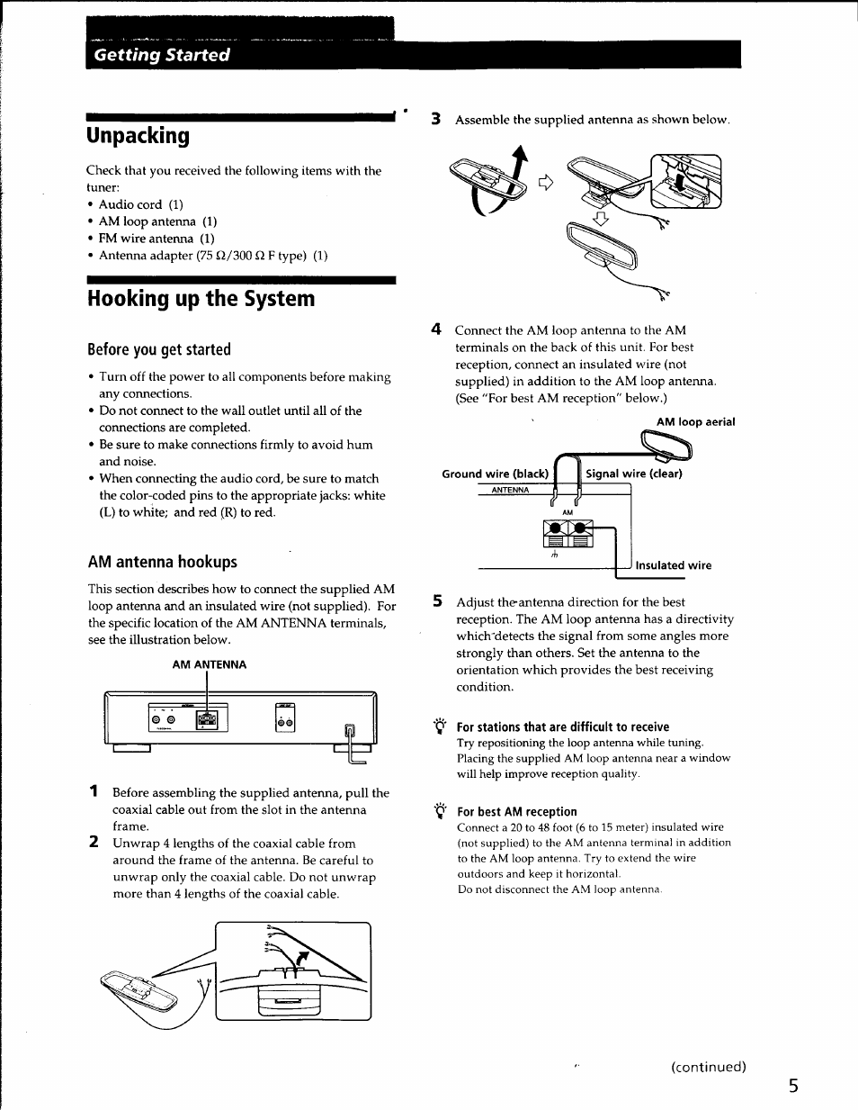 Unpacking, Hooking up the system, Before you get started | Am antenna hookups, For stations that are difficult to receive, For best am reception | Sony ST-SA50ES User Manual | Page 5 / 13