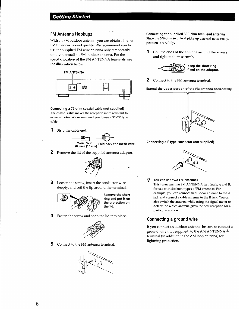 Fm antenna hookups, Connecting the supplied 300-ohm twin lead antenna, Connecting a f type connector (not supplied) | Connecting a ground wire, Getting started | Sony ST-SA50ES User Manual | Page 6 / 13