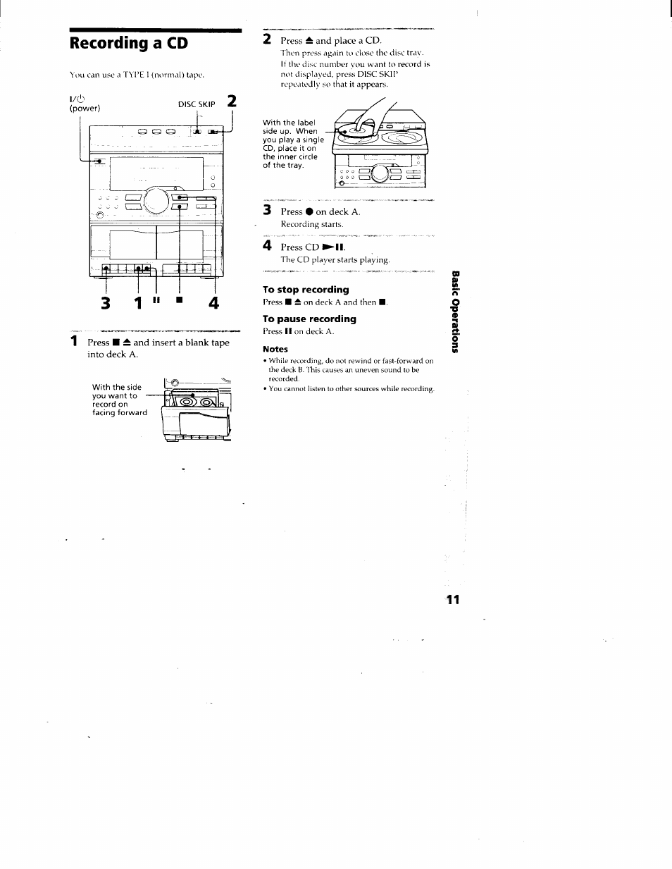 To stop recording, To pause recording, Notes | Recording a cd | Sony MHC-RX33 User Manual | Page 11 / 32