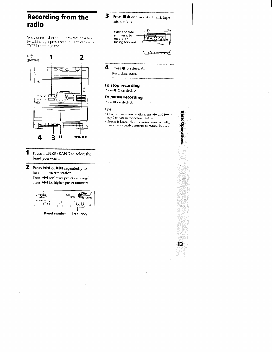 Recording from the radio, To stop recording, To pause recording | Tips | Sony MHC-RX33 User Manual | Page 13 / 32