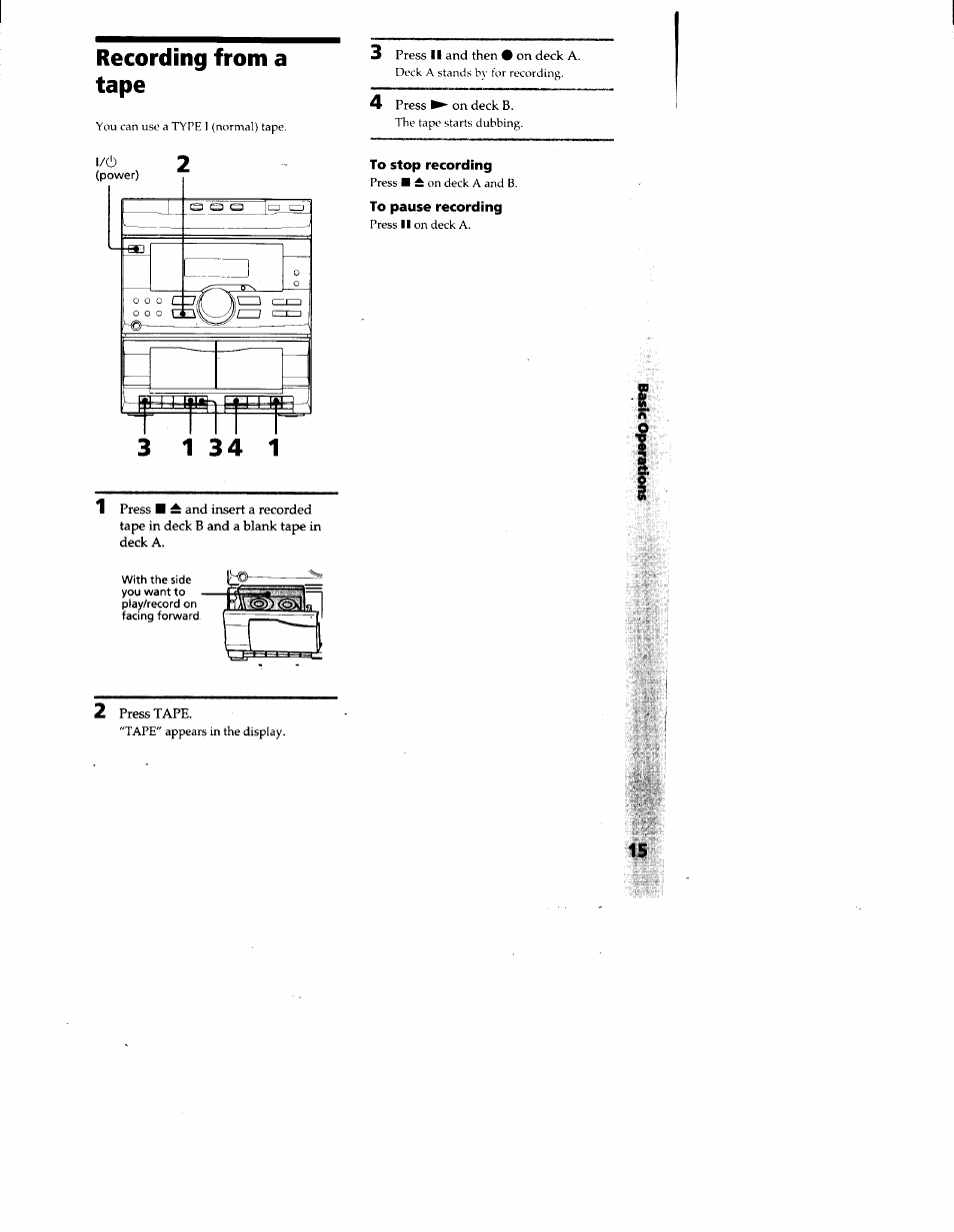 Recording from a tape, To stop recording, To pause recording | Sony MHC-RX33 User Manual | Page 15 / 32