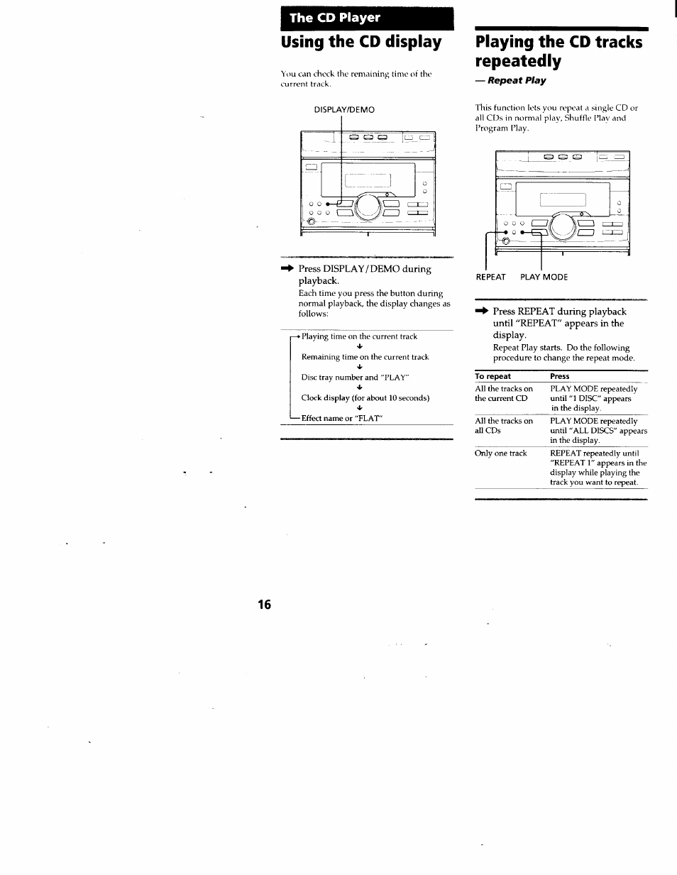 Using the cd display, Playing the cd tracks repeatedly, The cd player | Sony MHC-RX33 User Manual | Page 16 / 32