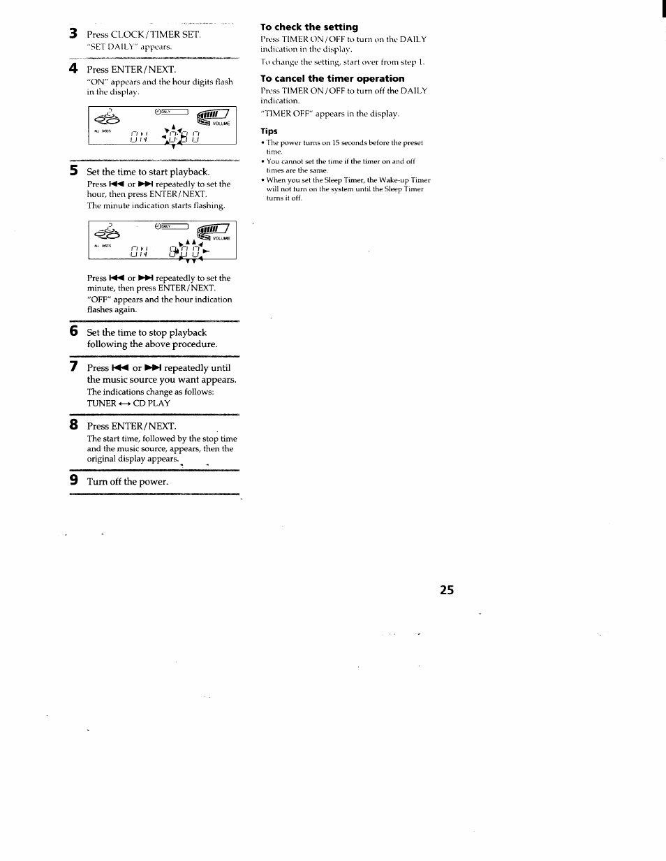 To check the setting, To cancel the timer operation, Tips | Sony MHC-RX33 User Manual | Page 25 / 32