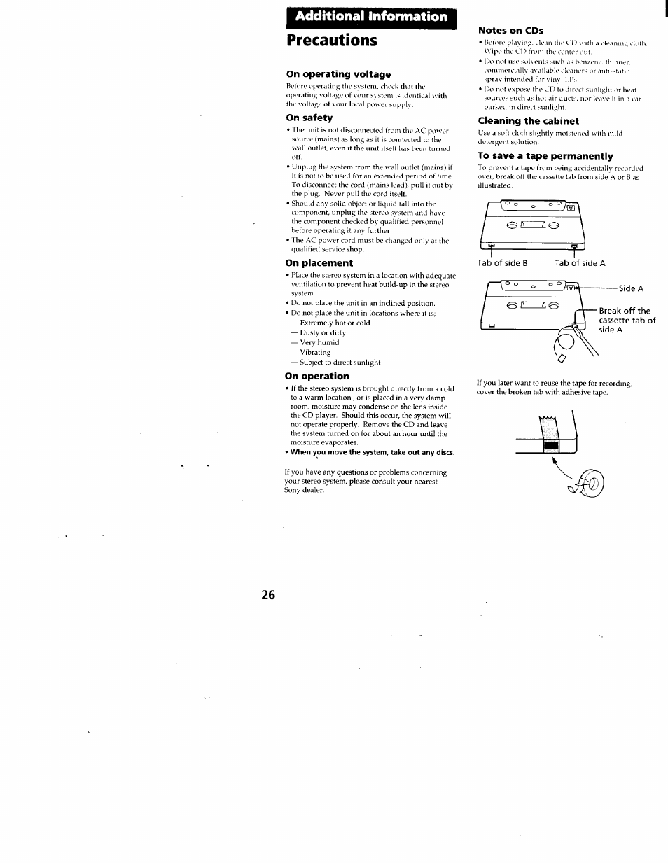 Precautions, On operating voltage, On safety | On placement, On operation, Notes on cds, Cleaning the cabinet, To save a tape permanently, Additional information | Sony MHC-RX33 User Manual | Page 26 / 32