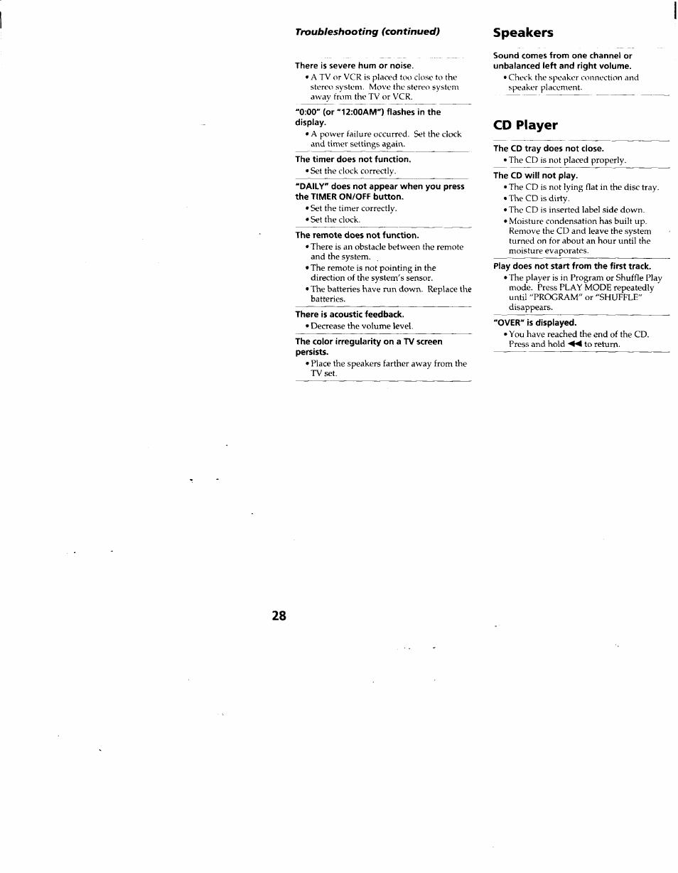 There is severe hum or noise, 00" (or "12:00am") flashes in the display, The timer does not function | The remote does not function, There is acoustic feedback, The color irregularity on a tv screen persists, The cd tray does not close, The cd will not play, Play does not start from the first track, Over" is displayed | Sony MHC-RX33 User Manual | Page 28 / 32