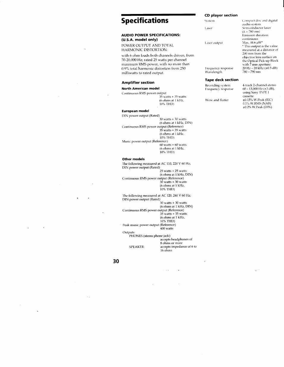 Specifications, Audio power specifications, U.s.a. model only) | Amplifier section, Cd player section, Tape deck section | Sony MHC-RX33 User Manual | Page 30 / 32