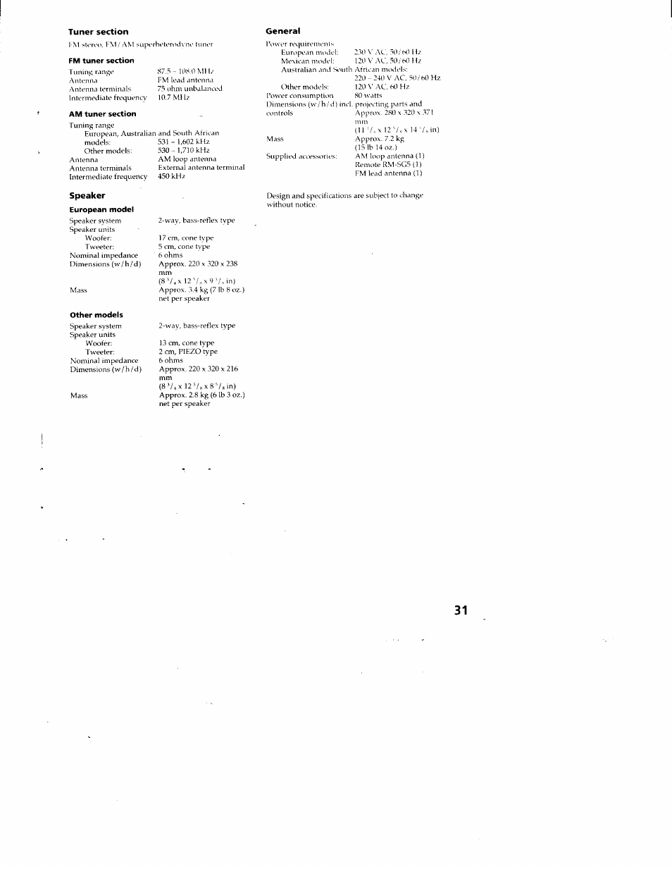 Tuner section, Speaker | Sony MHC-RX33 User Manual | Page 31 / 32